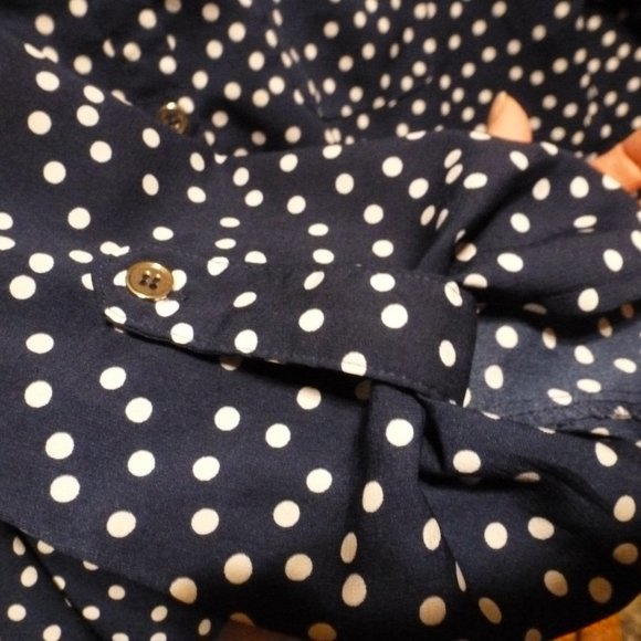Notations blue white polka dot tab sleeve button notch neck tunic blouse L XL - Picture 5 of 5